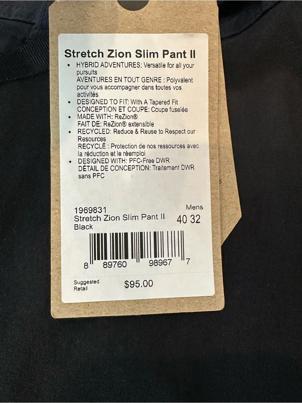 NWT prAna Stretch Zion Slim Pant II Black 40x32 Hiking Outdoor